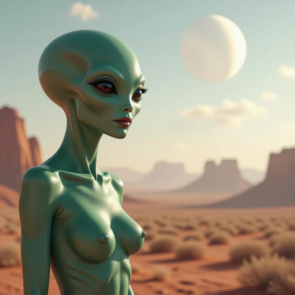 Alien figure in a desert landscape. Desert scenery features distant mountains and a surreal sky with a large celestial body.