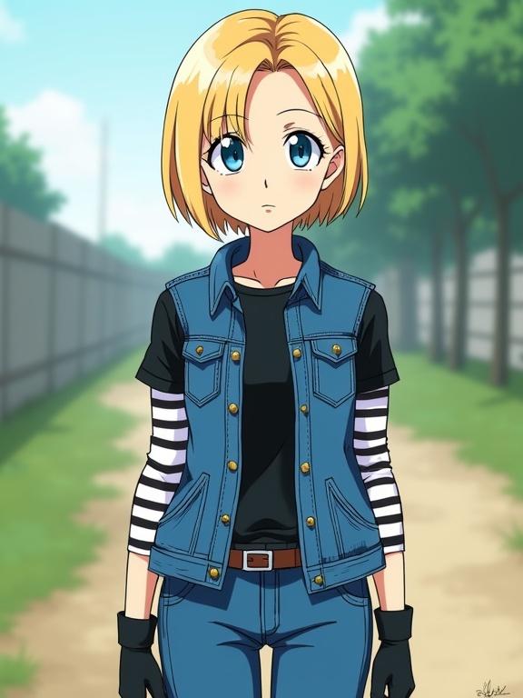 Android 18 character stands outdoor. Iconic denim vest and black t-shirt. Striped sleeves under vest. Blue jeans and black gloves. Short blonde hair frames face. Blue eyes visible. Trees and grass in background. Digital anime illustration with shallow depth of field.
