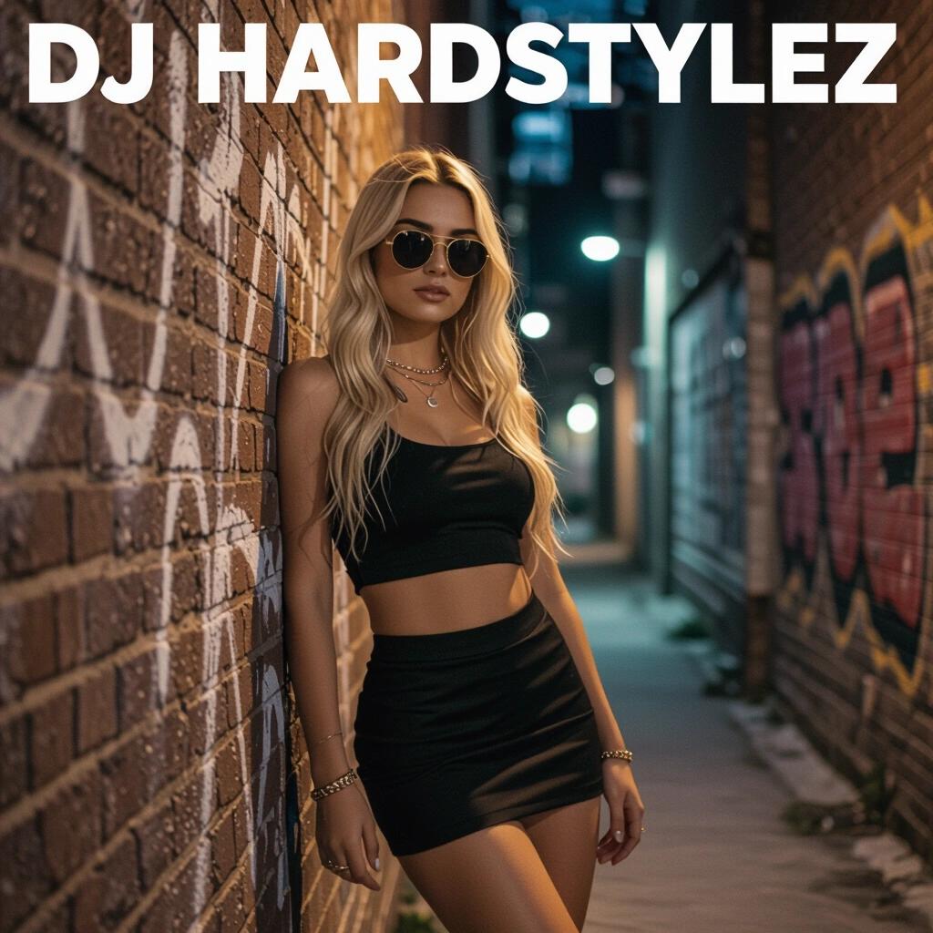 Raw photo of a night scene in a dark alley featuring a blonde woman in a miniskirt leaning against a brick wall while wearing sunglasses. The text 'DJ Hardstylez' appears prominently. Focus on a stylish and moody atmosphere suitable for an album cover.