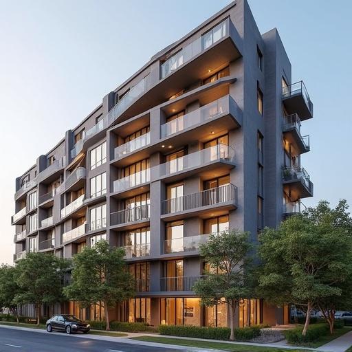 A modern apartment building designed for upper-middle-class residents. The building features balconies and large windows. Surrounding trees add greenery to the scene. Soft lighting highlights the exterior design. The building has a contemporary architectural style. It stands on a tree-lined street with a parked car.