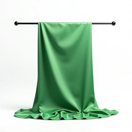 Green silk fabric hangs from an invisible rod. Soft, smooth texture with no shadows present. Background is pure white creating a minimalist look.