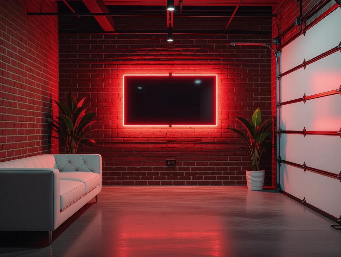 A dimly lit empty podcast studio garage. Exposed brick wall in reddish tones. On the wall, a black glass neon sign outlined by a red LED strip. Includes a white sectional sofa. The atmosphere is dramatic and low-key, with glow reflections on the polished surface.