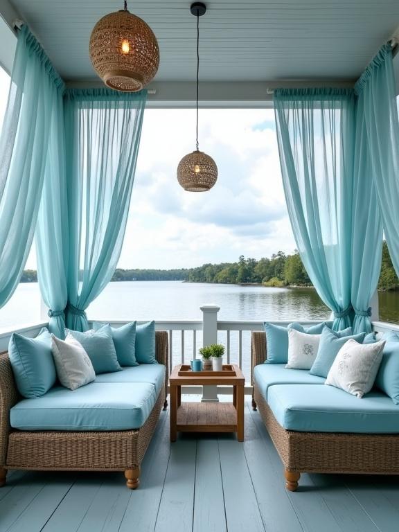 Image depicts a tranquil lakeside porch designed for comfort. Two wicker chaise lounges with plush cushions in pastel blue are arranged around a natural wood coffee table. Sheer sky-blue curtains frame the view. Soft pillows in shades of blue and white add comfort. Pendant lanterns create warm lighting. Floor has pale blue-gray wooden planks. View outside shows a calm lake and greenery.