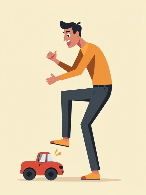 Angry male adult breaks a small toy car with his foot. Character in a playful and exaggerated style. Minimalist and flat vector illustration with quirky and abstract shapes. Features long limbs and a squat body in neutral colors. Clean and sharp shapes in a playful posture.