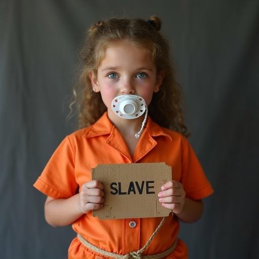 A young girl in an orange jail jumpsuit holds a cardboard sign that reads 'SLAVE'. She has an oversized pacifier in her mouth. Her hands are tied with rope. The setting evokes themes of modern slavery and exploitation.