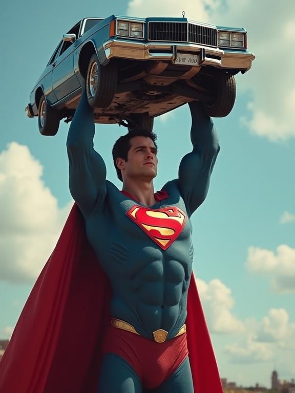 Superman lifting a car above his head. Strong superhero figure. Bright blue and red costume. Daylight setting. Low angle perspective.