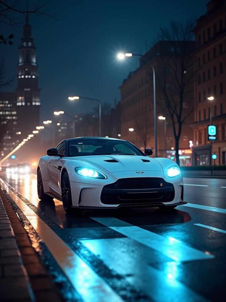 A sleek white car driving on a city street at night. Glowing headlights illuminate the road. Architectural details of the cityscape are visible in the background. The atmosphere is moody and dynamic. 2025 is highlighted prominently.