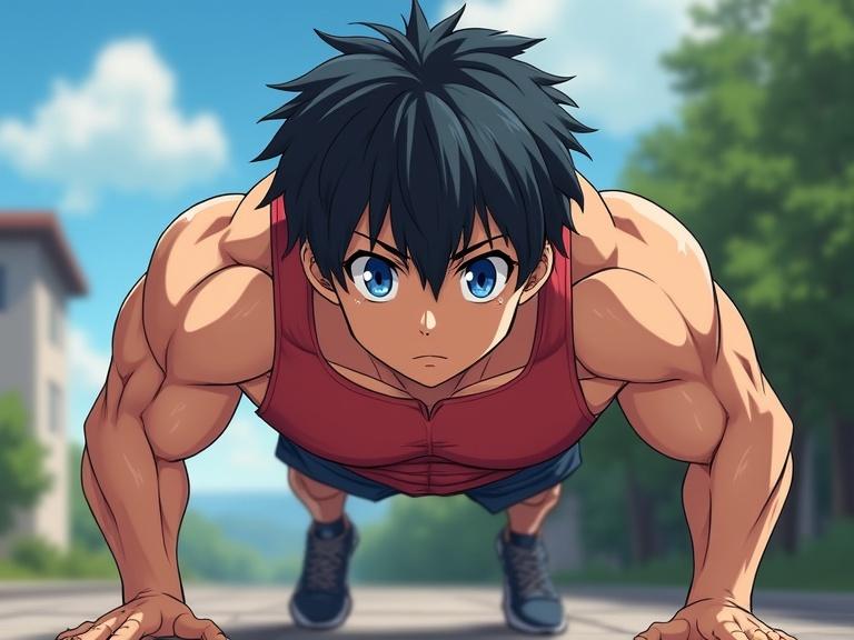 A male character with muscular build, black hair, and blue eyes in a push-up position. The character is outdoors with a clear blue sky. Background shows trees and buildings.