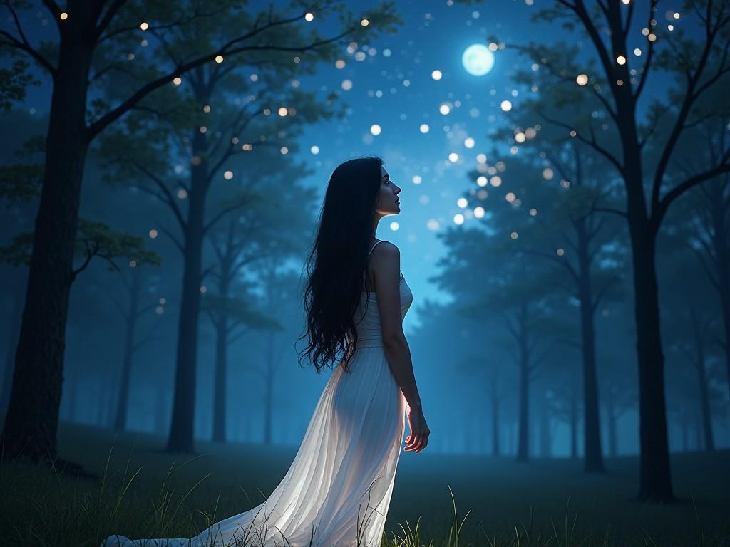 A woman stands in a moonlit forest wearing a long white dress. The atmosphere is magical with sparkling lights floating around. A full moon shines brightly in the background, casting a serene glow. Trees surround her, creating a mystical environment. The scene evokes a sense of wonder and tranquility.