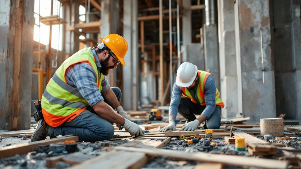 This image depicts two workers on a construction site wearing bright safety gear. One worker is kneeling while carefully working with tools on the ground, and the other is beside him, focused on the task. They are both wearing helmets, gloves, and reflective vests, demonstrating safety precautions. The setting is an unfinished building, with exposed materials and natural light illuminating the space. The atmosphere conveys teamwork and dedication to their work.