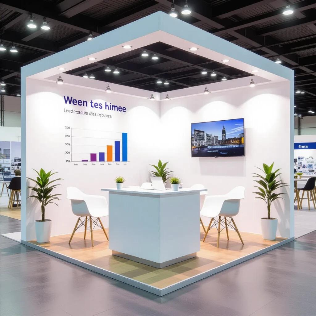 3D front view of a professional stand. Stand dimensions are 360cm wide 550cm deep and 350cm high. Includes a front reception desk with two chairs and an optional standing table with two stools. Floor covered in parquet. Back wall displays a poster at 250cm height and an additional poster above it. Theme focuses on France Renov for home renovation assistance. A woman in her thirties placed behind the reception desk. No side walls present, just a back wall.