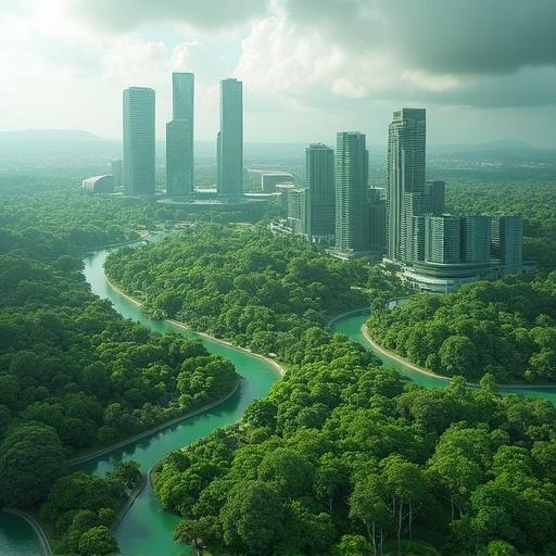 Aerial view of Thelumalindo showing a tropical delta with a massive river and skyscrapers. City surrounded by lush greenery. Population of 24 million. Primary industries include biotechnology, eco-engineering, and vertical agriculture. Global nicknames mention its eco-friendly focus and livability.