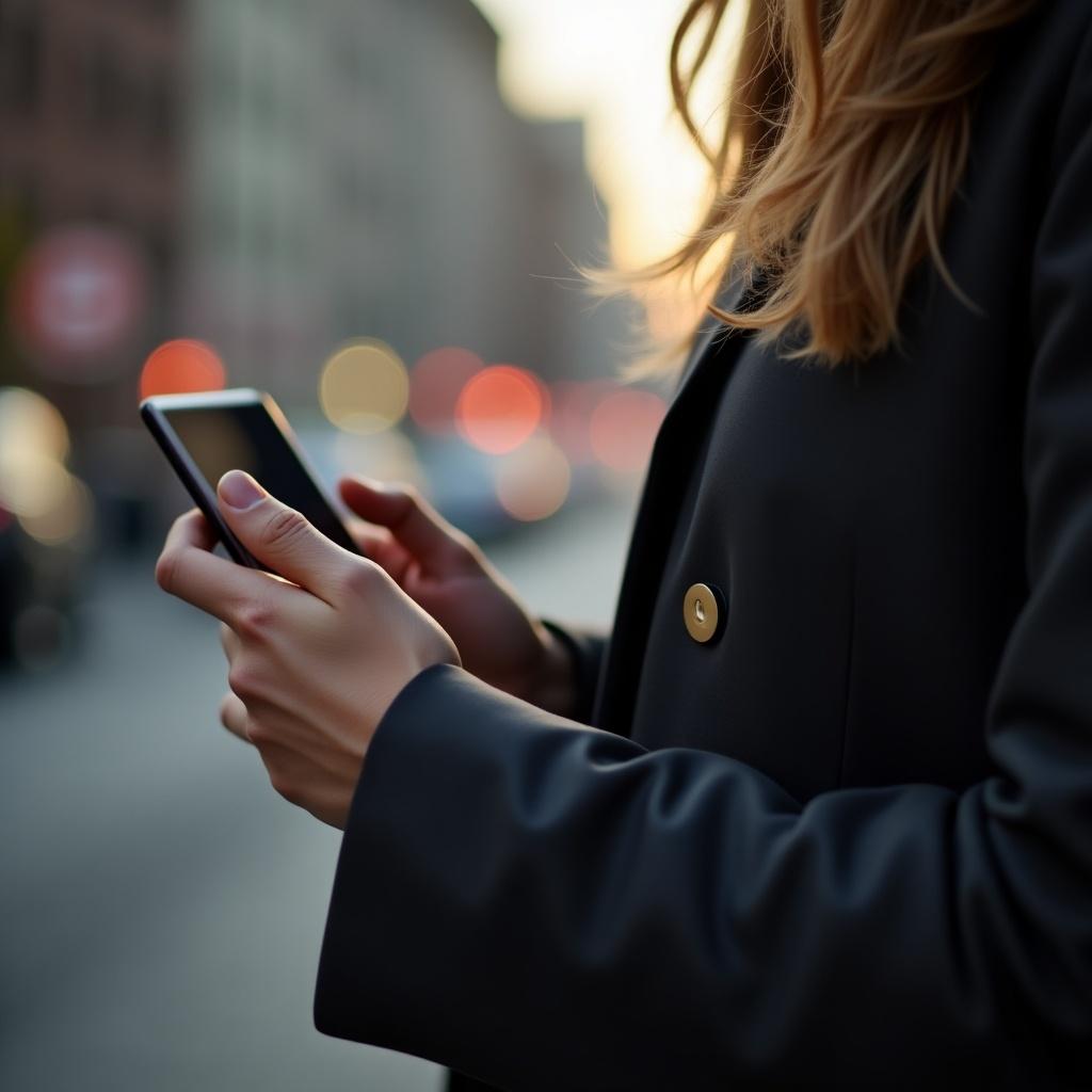 The image features a person holding a smartphone in an urban setting. The individual appears to be focused on their device, potentially engaging with an application or messaging. The soft golden hour light creates a warm atmosphere, enhancing the modern vibe. The background is slightly blurred, emphasizing the phone and hands. The subject's attire is stylish, reflecting contemporary fashion. This encapsulates the essence of everyday life in a digital age.