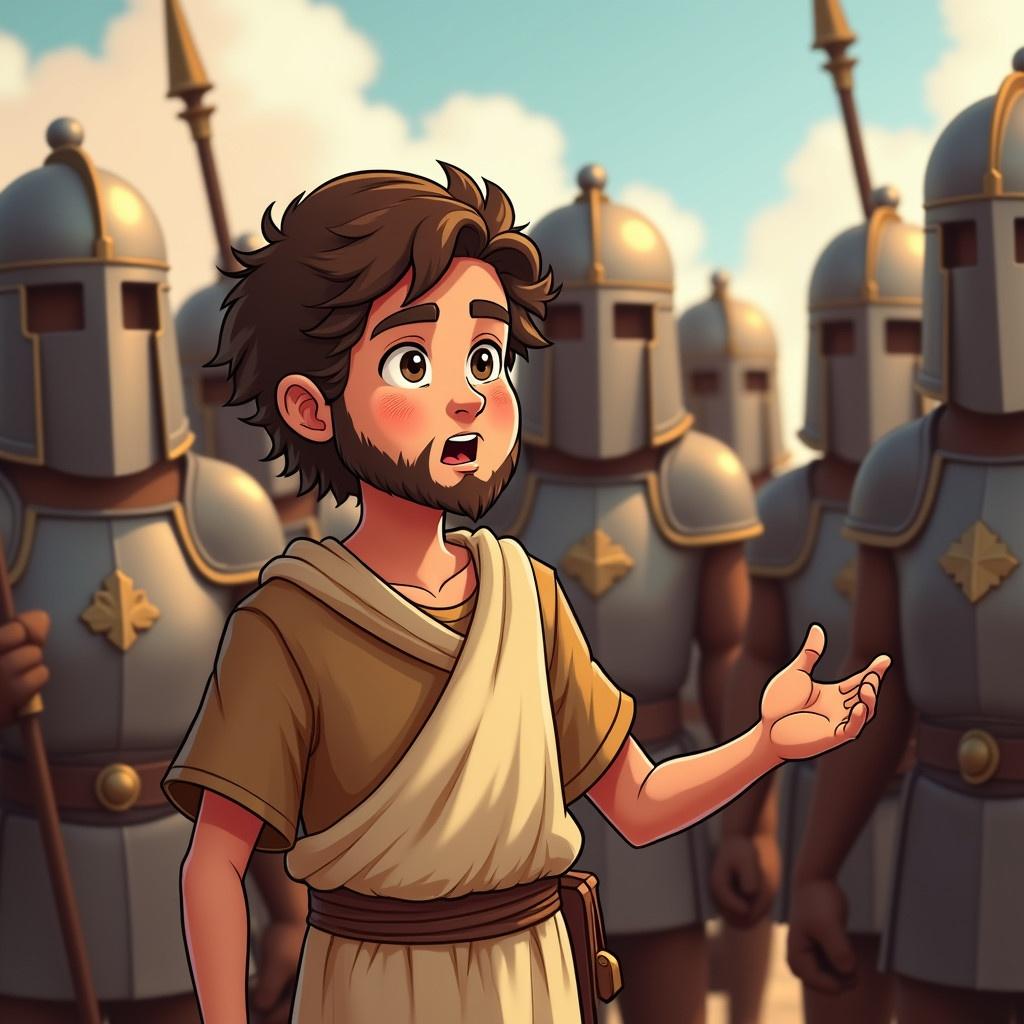 Close up shot of cartoon illustration of a young boy in biblical shepherd clothing. Standing confidently among soldiers. Boy has a brave expression. Soldiers depicted in traditional armor discussing among themselves.