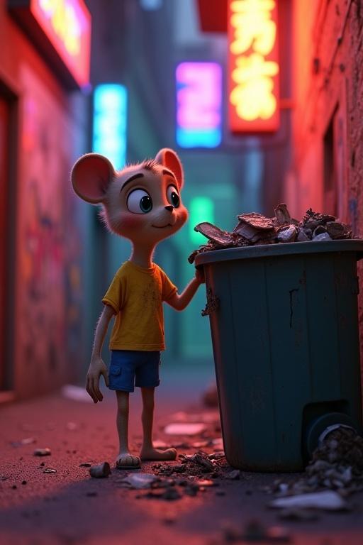 A 3D animated character named Kittu stands on two legs. He wears a dirty yellow shirt and blue shorts. He looks into a dusty trash bin. Neon lights illuminate the alley from nearby signs. The scene shows urban walls with graffiti.