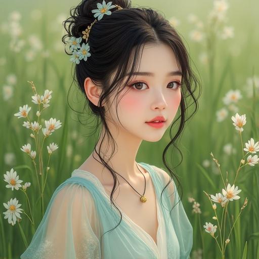 Portrait of a woman with a floral hairstyle in a grassy field. She has monolid eyes and a gentle expression. Soft colors create a dreamy atmosphere.