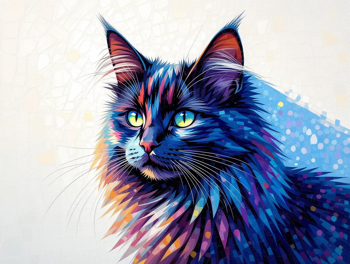 Pointillist portrait of a furry cat. Vivid colors used. Composed with colored dots. Background is a textured white. Cat's face is lively with bright colors. Style shows balance between realism and elegance.