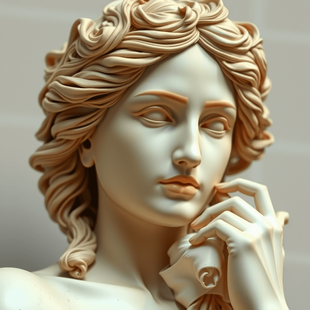 The image shows a detailed marble statue of a woman with wavy hair and a contemplative expression.