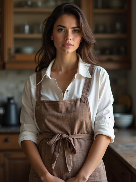 Woman wearing white shirt and brown apron in a kitchen. Standing with arms crossed. Hair down. Natural light coming from window.
