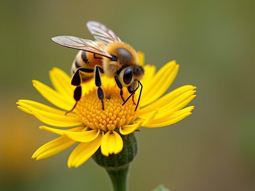 Close-up photo of a honey bee on a bright yellow flower. The bee is collecting pollen from the flower's center. Background is softly blurred green.