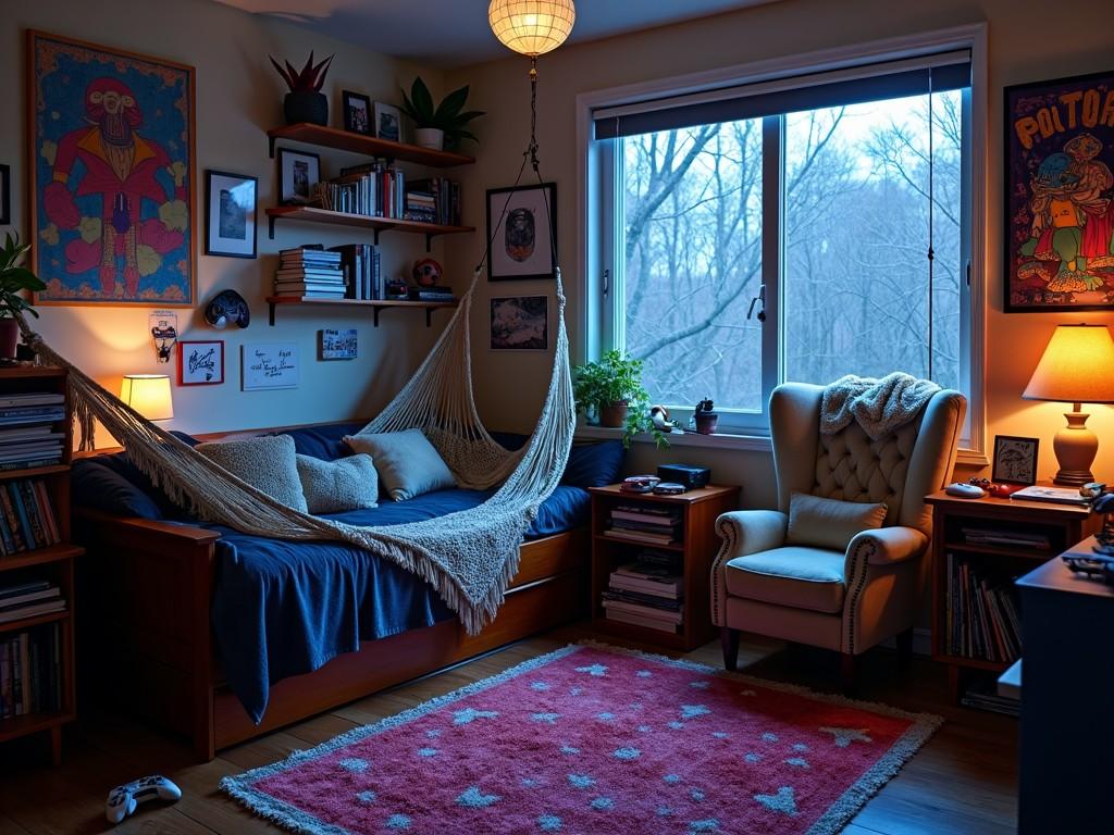 This image depicts a cozy bedroom space filled with a relaxed atmosphere. A hammock is prominently displayed, enhancing the casual vibe of the room. The decor features a mix of nerdy elements, including art and books on the shelves. A soft rug adds warmth to the wooden floor. Natural light filters in from the window, creating a moody yet inviting environment.