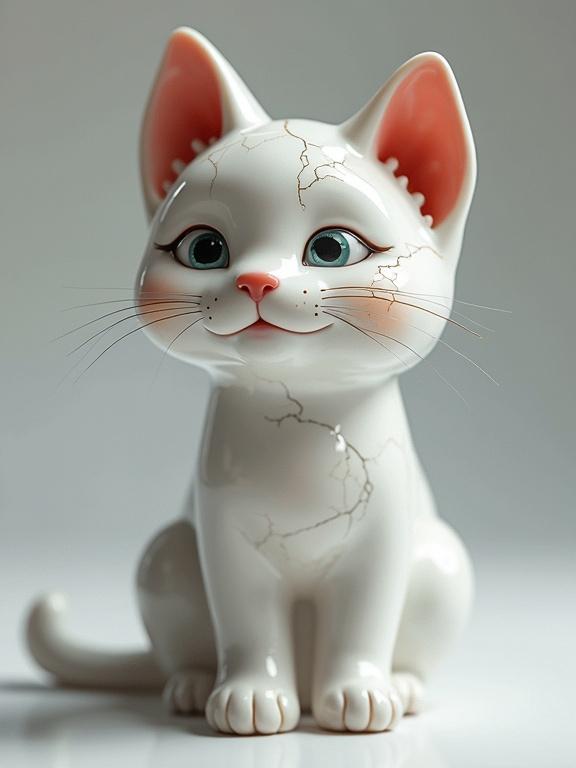 A cat designed to resemble fine china featuring visible cracks. The figure is white with blue eyes and blush accents. It has a glossy finish, giving it an elegant look.