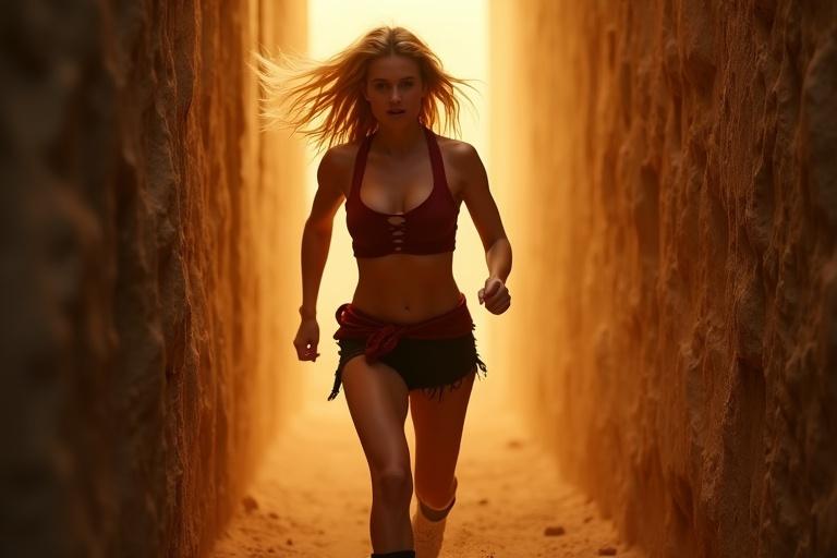 A girl runs between closing stone walls. Her face shows effort and determination. Muscles are flexed as she sprints. Dust rises from the ground with every step. The walls blur behind her. Torchlight flickers, enhancing tension. She has long golden hair and glowing skin. Wears a tight red crop top and cutoff black shorts. The lighting has warm orange highlights and deep shadows for a cinematic feel.
