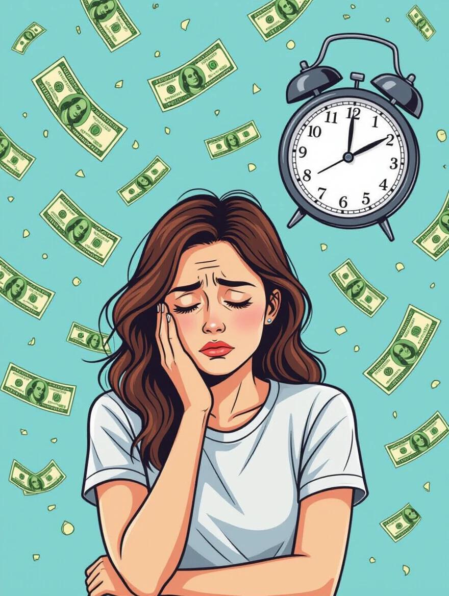 A tired woman looking overwhelmed. She has long hair and is wearing a white shirt. Money is floating around her. A clock appears above with no hands. The background is turquoise. The scene symbolizes lack of time and money.