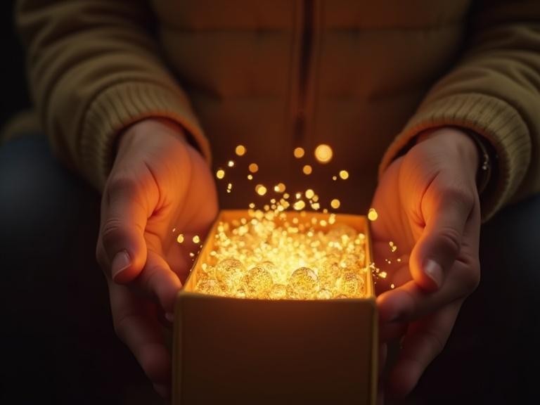Person opening a package that emits a glowing light. Hands are holding the box. Light sparkles are visible escaping from the box. Warm and inviting atmosphere.