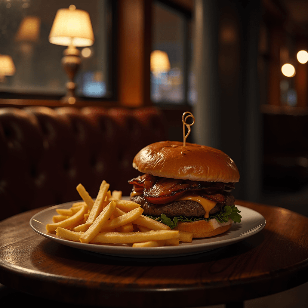 The image depicts a warmly lit diner setting, featuring a delicious-looking bacon cheeseburger served with a side of golden French fries. The burger, placed on a white plate, has a glossy, buttery bun and is secured with a skewer. Crisp lettuce, molten cheese, and perfectly cooked bacon are visible. The background showcases soft, ambient lighting, creating a cozy and inviting atmosphere, with retro-style lamps casting a gentle glow over tufted leather seating.