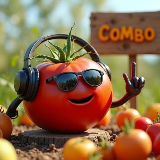A cartoon tomato character wearing sunglasses and headphones shows a rock and roll sign. The background features a fruit garden. A wooden sign displays the word COMBO in 3D bold letters. The shot is taken from a low angle, creating a cinematic feel with a sunny sky.