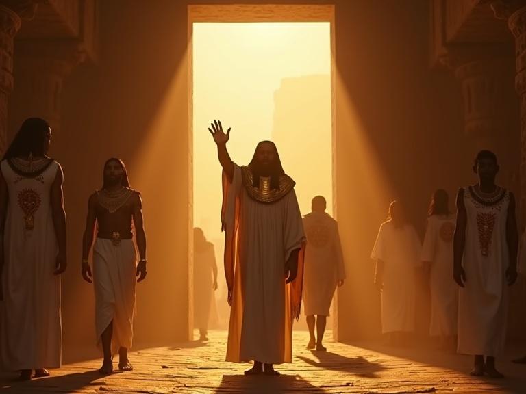 Medium shot captures pharaoh king in golden attire raising hand. High priest in white linen leads. Doctor appears confused. Scene set at temple gate with soft torchlight casting backlit silhouettes. Evokes ritualistic formality with an undertone of confusion.