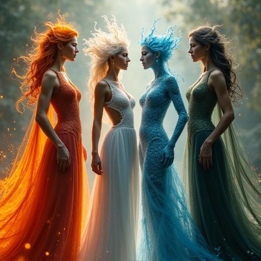 Four female figures embodying different elements. One represents fire with bright orange hair. One represents water with blue hair. One represents air with a light and airy gown. One represents earth with earthy colors. Ethereal forest background enhances the magical theme.