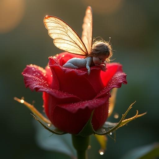 A fairy sleeping on a red rosebud. The fairy's wings have intricate translucent veins. Dewy water drops glisten on the rose petals. Magical soft lights create a dreamy atmosphere. Hyper-realistic details with soft textures.