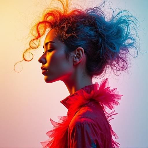 Futuristic avant-garde couture represented through dramatic colors and vibrant lighting. The image captures a woman's profile with a focus on artistic hair design and bold fashion choices.