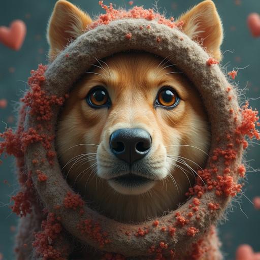 Photorealistic image of a dog looking directly at the viewer surrounded by a floral circular frame