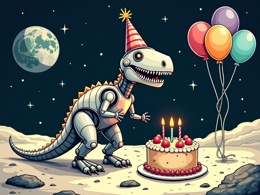 A robotic dinosaur wearing a party hat on the moon, standing next to a birthday cake with three candles and colorful balloons, under a star-filled sky.