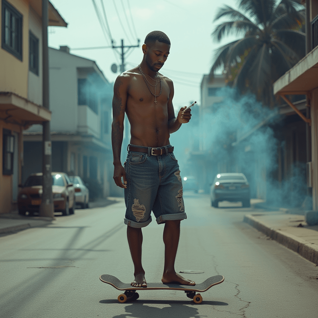 A shirtless man on a skateboard casually checks his phone in a smoky urban street setting.