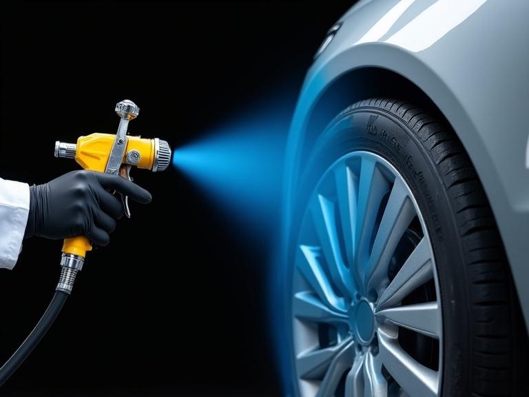 Car wheel gets painted with a spray gun. Person's hand in white lab coat and black gloves holds a yellow and black spray gun. Bright blue paint sprays onto light gray car wheel. Wheel is in mid-ground on right. Blue mist visible around wheel. Background is pure black. Lighting highlights wheel and spray gun. Composition is simple and dramatic, showcasing the action. Style is technical and clean. Wheel has multiple spokes. Spray gun is detailed with nozzle and control panel. Atmosphere is professional and focused on equipment.