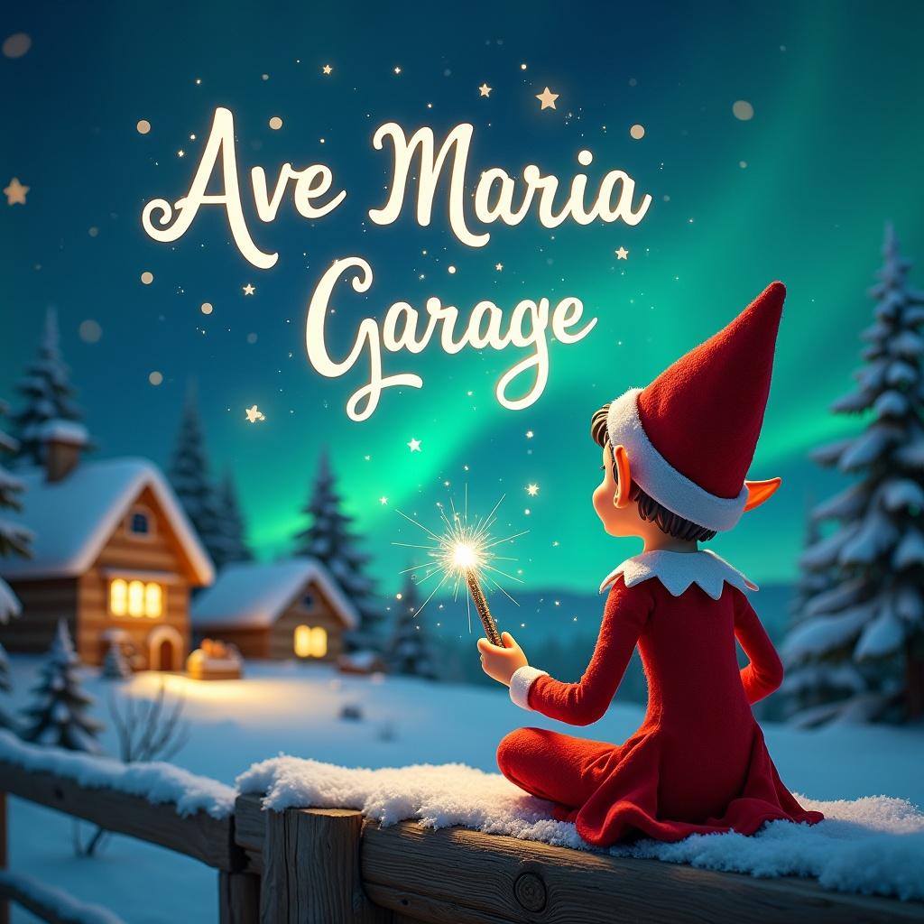 An elf sits on a wooden ledge in a snowy landscape, gazing at a magical sky filled with stars. Dressed in a bright red outfit with a pointed hat, the elf holds a sparkling wand. With a flick of the wand, the elf writes the name 'Ave Maria Garage' elegantly in the sky. In the background, charming little houses and evergreen trees are illuminated by the shimmering Northern Lights. This enchanting scene embodies the magic of childhood and the joy of the Christmas season.