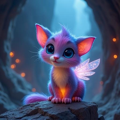 Small magical creature resembling a cat with multi-colored fur. Has large blue eyes and tiny glowing wings. It's sitting on a glowing rock in a mysterious cave.