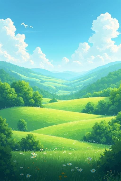 Height map of grassland in an anime style. Features rolling green hills under a bright blue sky dotted with fluffy clouds. Gentle slopes covered in wildflowers.