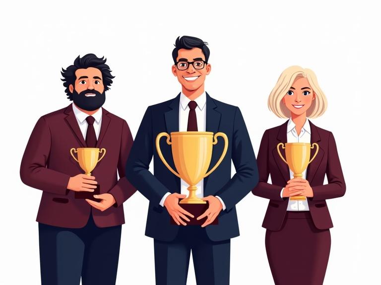 Illustration of three diverse adults in professional attire celebrating achievements with trophies. Left, a man with wavy hair and trophy. Centre, an older man with glasses holding a large trophy. Right, a young woman with short blonde hair holding a medium trophy. They are smiling, posed confidently, with a transparent background. Clothing in maroon and navy colors.
