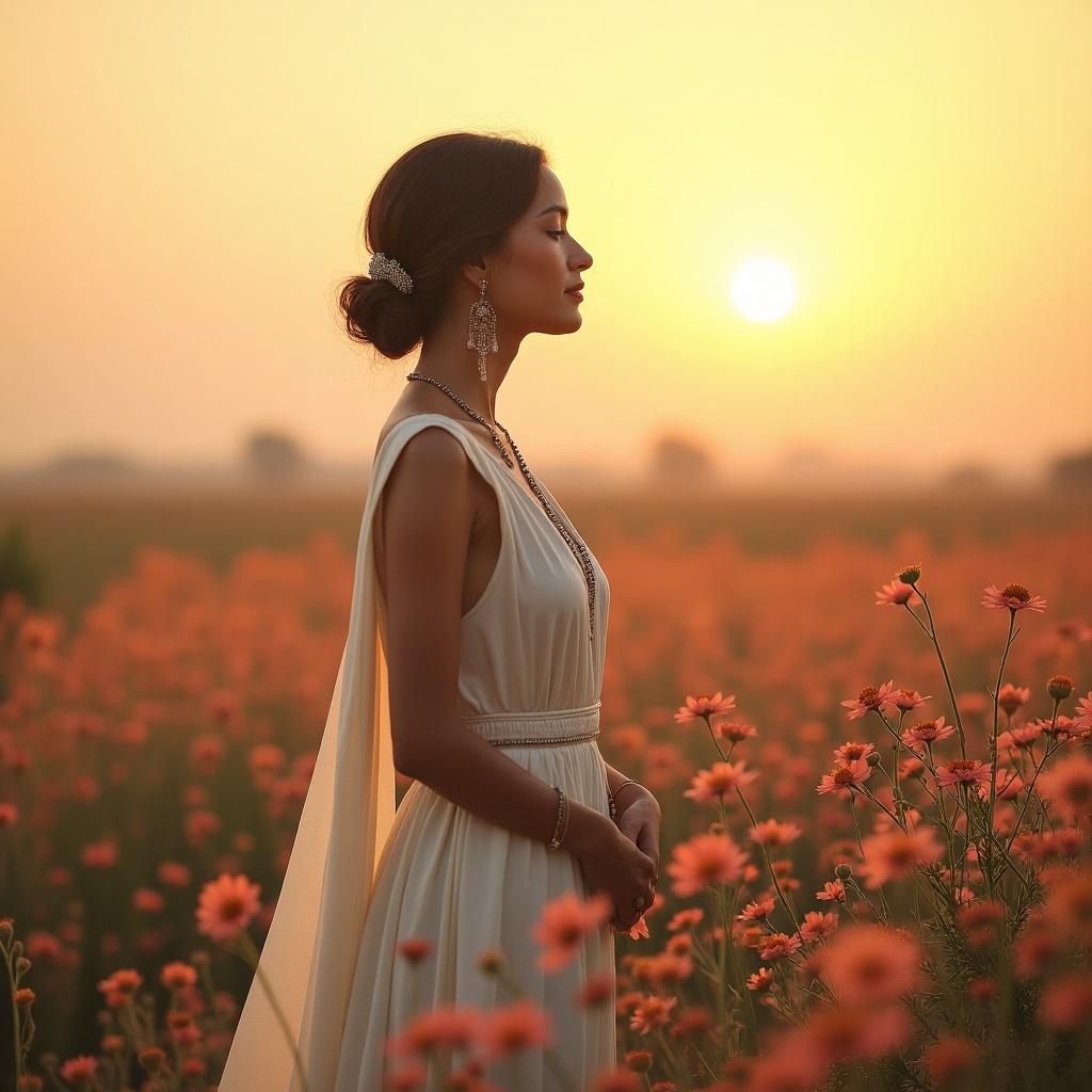 A woman standing in a field of flowers at sunset. She is wearing an elegant dress and has floral accessories. The atmosphere is peaceful and serene. The sunlight creates a golden background.