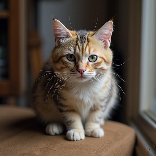 Raw photo of a cat. The cat has orange and cream fur with a distinct pattern. The background is soft and blurry. The cat is looking directly at the camera, sitting on a surface.