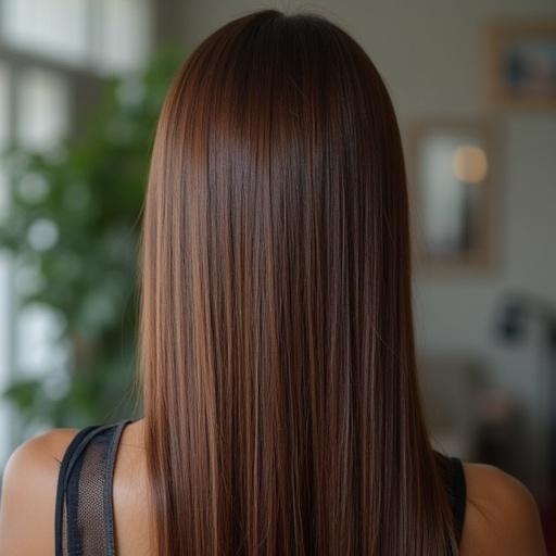 Hair viewed from above showcasing the shine and beauty. Straight, glossy hair presentation with a focus on texture and sheen. Light background enhances hair details.