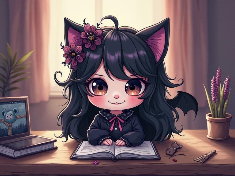 Kawaii style depiction of an adorable gothic girl. She has large expressive eyes and a playful expression. Sitting at a desk with an open notebook surrounded by various items. Her outfit features intricate details and she has bat-like ears and cute flowers in her hair.