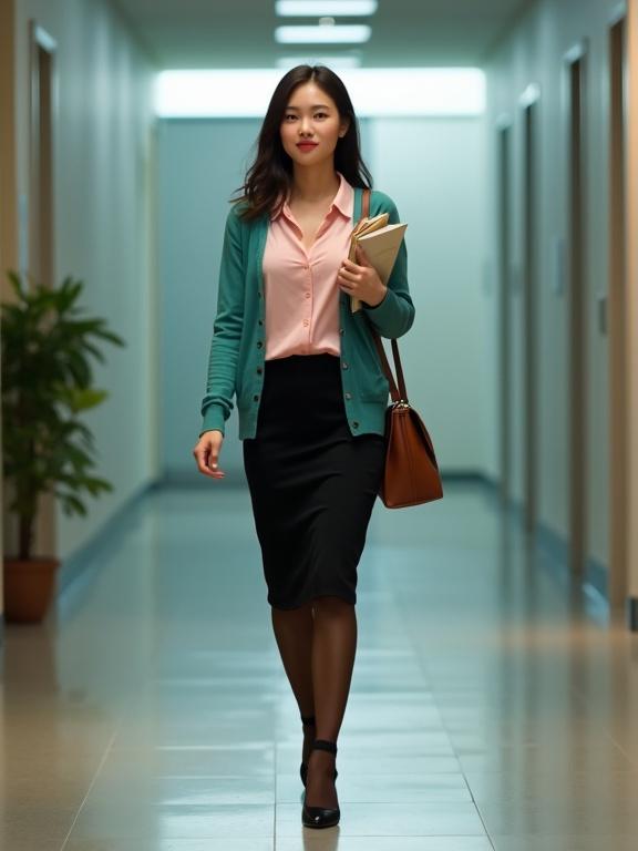 Full body image of young East Asian female agent. She wears a blush-pink blouse and black knee-length skirt. A teal cardigan is worn with dark-brown pantyhose and black ankle-strap pumps. The agent walks in a corridor carrying files and a brown satchel. She has light makeup and a cute smile. The scene shows a modern office with soft lighting.