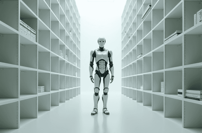 In a pristine white library corridor, a humanoid robot stands between towering shelves filled with neatly arranged books and documents, exuding a sense of serene order and advanced technology.