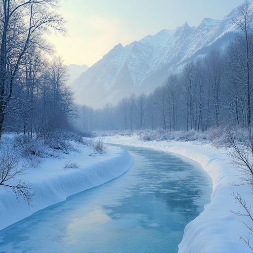 A frozen river flows through a snow-covered landscape with mountains in the background. The scene captures a serene winter day with a clear sky and icy surroundings.